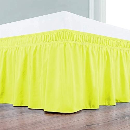 Wrap Around Bed Skirts Elastic Dust Ruffles, Easy Fit Wrinkle and Fade Resistant Silky Microfiber Fabric Solid Color Bedskirt, 12 Inch Tailored Drop Yellow for Olympic Queen Size Bed Skirt