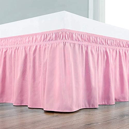 Wrap Around Bed Skirts Elastic Dust Ruffles, Easy Fit Wrinkle and Fade Resistant Silky Microfiber Fabric Solid Color Bedskirt, 12 Inch Tailored Drop Pink for Olympic Queen Size Bed Skirt
