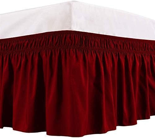 Wrap Around Bed Skirts Elastic Dust Ruffles, Easy Fit Wrinkle and Fade Resistant Silky Microfiber Fabric Solid Color Bedskirt, 12 Inch Tailored Drop Burgundy for RV Bunk 42X80 Size Bed Skirt