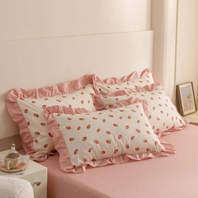 Nayoroom Ruffle Duvet Cover Full Size Pink Strawberry Printed on White Ruffled Bedding Set 3Pcs Reversible Kids Girls Cute Kawaii Coquette Comforter Cover Soft Lightweight Microfiber