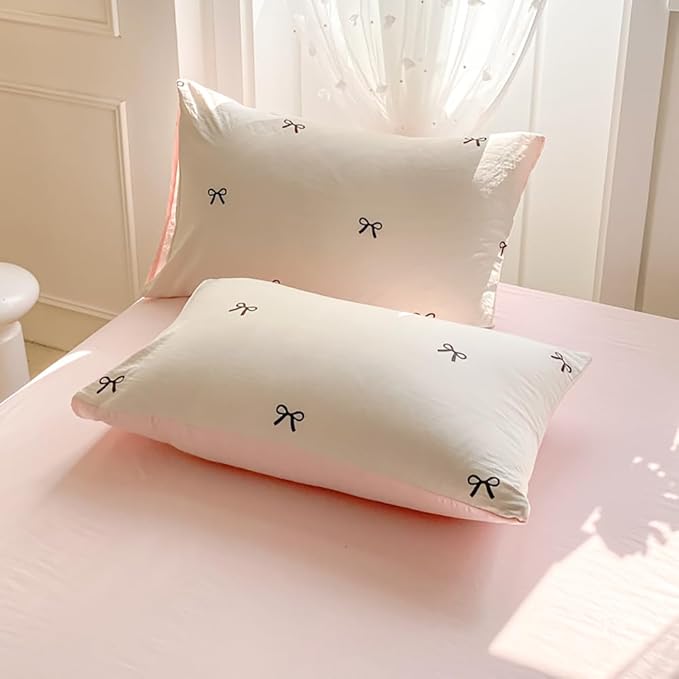 Nayoroom Bow Duvet Cover Queen Size Reversible Pink Coquette Duvet Cover 3 Pieces Soft Lightweight Microfiber Kids Girls Cute Aesthetic Dorm Bedding Set, White/Pink