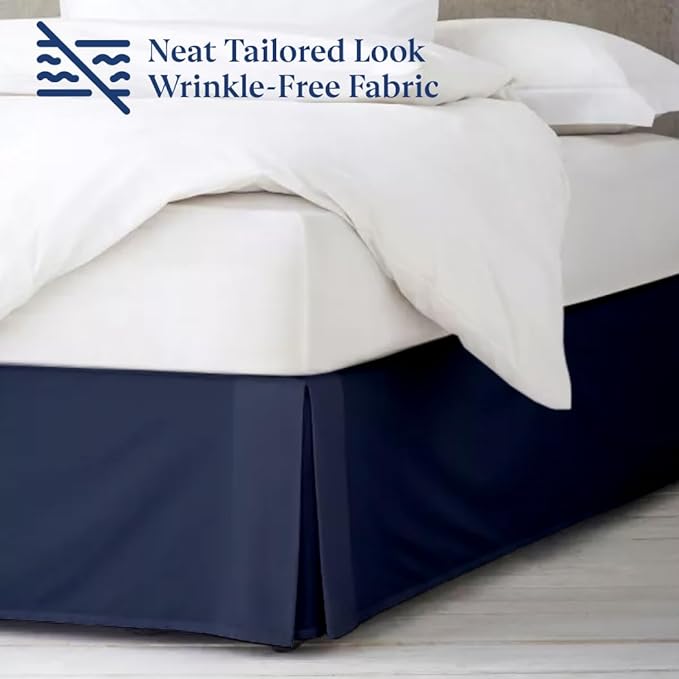 SKY BEDDINGS Luxury Pleated Full Bed Skirt with Split Corners - 16 Inch Tailored Drop - Pleated Dust Ruffle - Wrinkle-Free 100% Microfiber - Easy Fit, Soft & Durable - Navy Blue