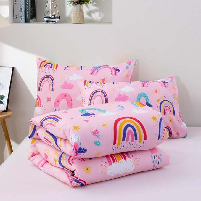 Btargot Lightweight Soft 3 Piece Rainbow Comforter Set with 2 Pillow Covers, Cartoon Love Hearts Suns and Stars Bedding Set for Girls Boys Kids, Full Light Pink