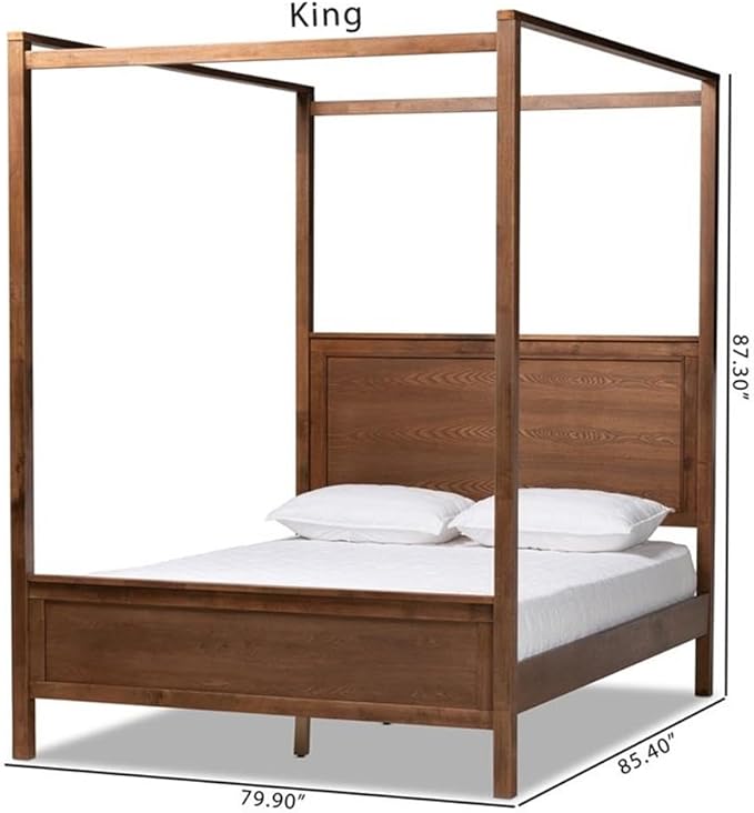 BOWERY HILL Queen Size Wood Platform Canopy Bed, Walnut Finish, Rubberwood and MDF Construction, Tall Beams for Drapes, Inset Paneling, 87.3 in Canopy Height, No Box Spring Needed, Bedroom Furniture