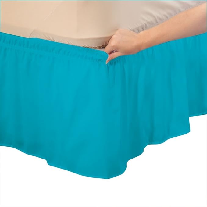 Bed Skirt - Wrap Around Bed Skirts Elastic Dust Ruffles, Easy Fit Wrinkle and Fade Resistant Luxurious Fabric Solid Color, Turquoise Queen XL Size Beds 15 Inch Drop