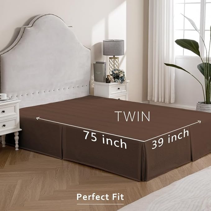 MIYE Pleated Waffle Weave Bed Skirt, Tailored Dust Ruffle 16 Inch Drop Easy Fit, Machine Washable (Brown, Twin - 16" Drop)
