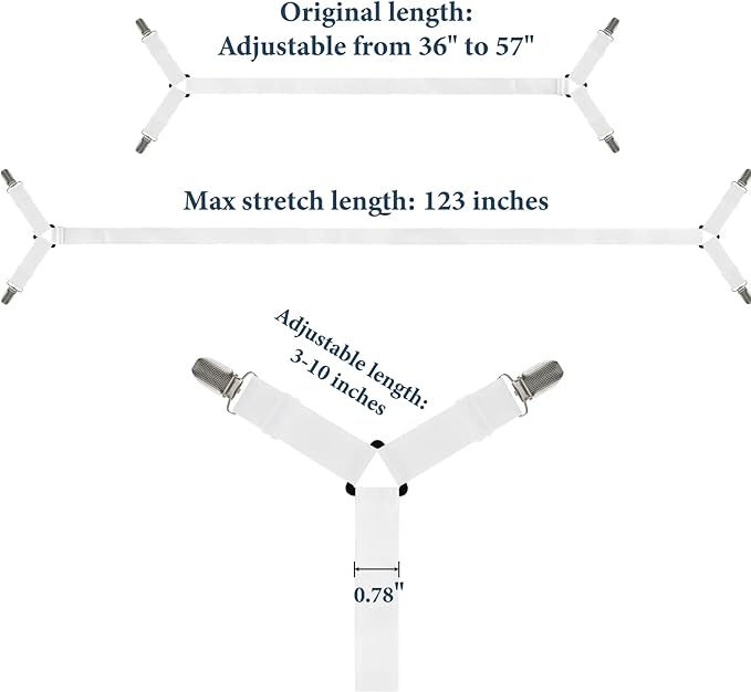 Bed Sheet Straps, Adjustable Durable Bed Sheet Holder Straps with Metal Clips, Elastic Sheet Holders Keep Sheets Firm & Tight 2PCS White
