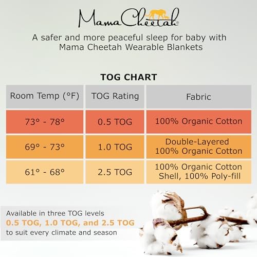 Mama Cheetah Baby Sleep Sack 2.5 TOG, Winter Baby Sleeping Bag with 2-Way Zipper, Organic Cotton Swaddle Transition Wearable Blanket for Boy Girl Infant Toddler, 6-12 Months
