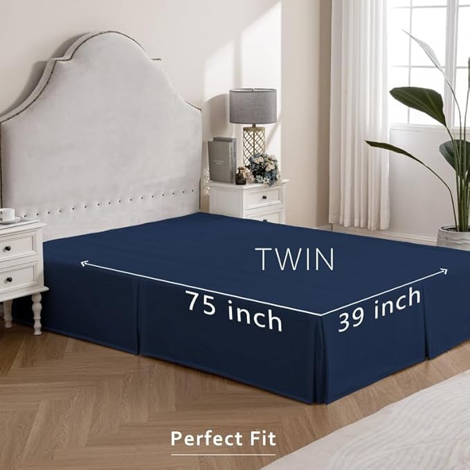 MIYE Pleated Waffle Weave Bed Skirt, Tailored Dust Ruffle 14 Inch Drop Easy Fit, Machine Washable (Navy Blue, Twin - 14" Drop)