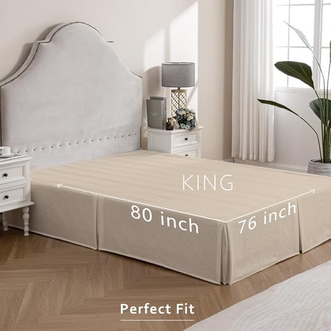 MIYE Pleated Waffle Weave Bed Skirt, Tailored Dust Ruffle 18 Inch Drop Easy Fit, Machine Washable,No Split Corners (Beige, King - 18" Drop)