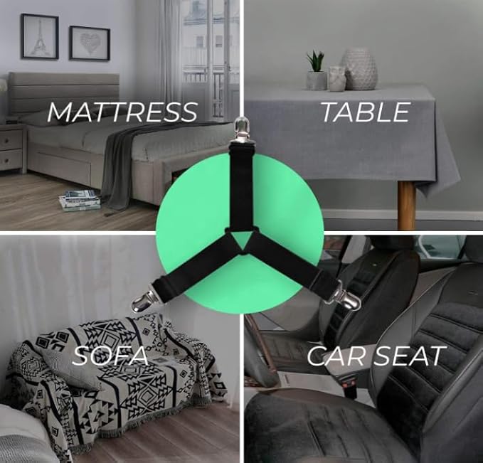 Heavy Duty Elastic Bed Sheet Straps & Clips - Adjustable Mattress Gripper, Sheet Holders Keep Sheets Firm & Tight, Mattress Clips, Bed Straps, Corner Straps (Black, 4pcs Triangle)