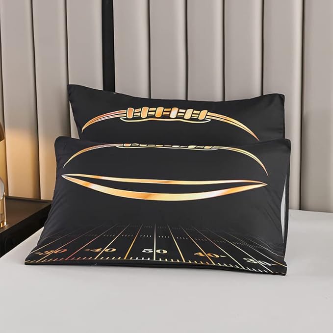 Boys Comforter Set, Twin Size, Football Themed, 3 PCS Including 1 Comforter & 2 Pillowcases, All Season Use, Black and Gold