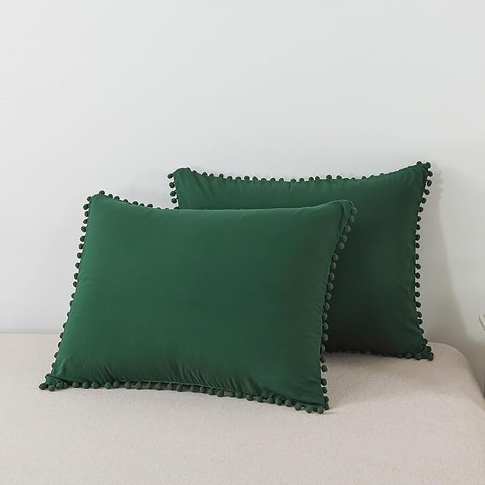 TanNicoor Pom Fringe Duvet Cover Set - 3 Piece Natural Ultra SOFE Color Washed Microfiber Bedding Set, Modern Style Down Comforter Quilt Cover with Zipper Closure(Twin, Emerald Green)