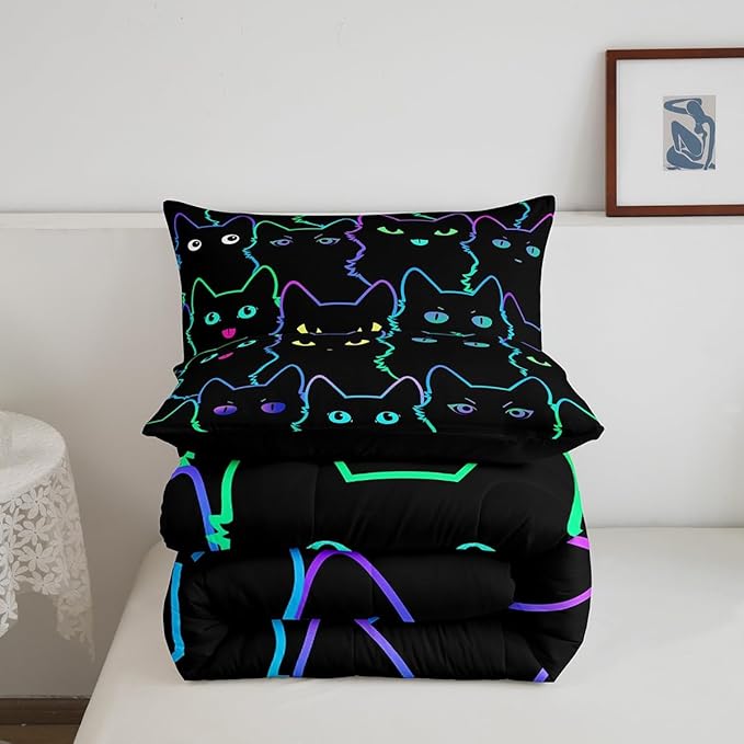 Erosebridal Cute Cat Kids Comforter Neon Rainbow Line Cat Queen Bedding Set for Girls Boys Teen Cartoon Kawaii Cats Toddler Bed Set Colorful Animals Quilt Set Reversible Black,2 Pillow Cases