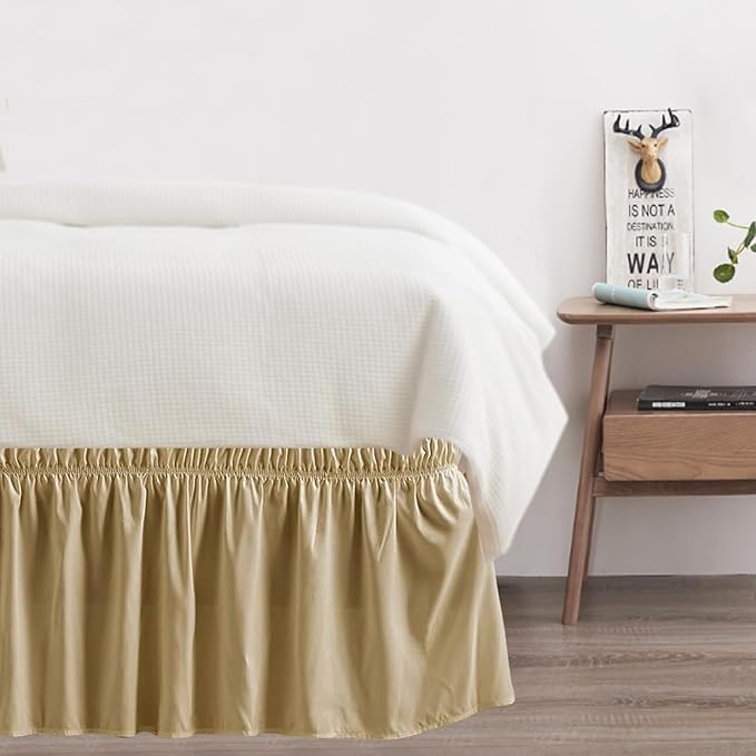 Twin Bed Skirt, Elastic Wrap Around Bed Skirt Twin Size, Bed Skirts for Adjustable Bed, Easy Fit with 14" Drop Length Tailored Drop Dust Ruffle (Beige)