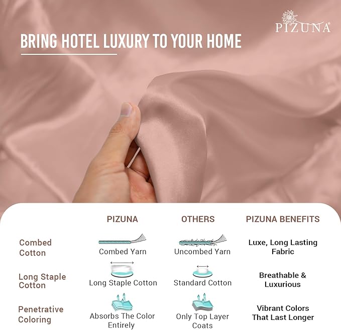 Pizuna Pure 100% Cotton Sheets Twin XL Size, Luxurious 400 Thread Count Long Staple Cotton Sateen Sheets Twin XL with 15" Deep Pocket (Combed Misty Rose Cotton Sheets Twin XL)