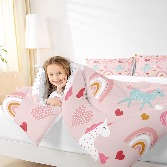 Feelyou Girls Unicorn Comforter Set Full Size Kids Cute Pink Rainbow Horse Decor Comforter for Unicorn Lover Daughter Bedding Set Boho Star Moon Duvet Set (1 Comforter + 2 Pillowcases, Full)