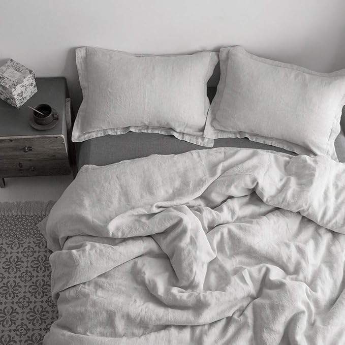 Simple&Opulence 100% Washed Linen Duvet Cover with Embroidered,3 Pieces Soft Farmhouse Comforter Set with Button Closure,1 Duvet Cover and 2 Pillowshams(King,Light Grey)