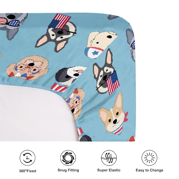 Cute Patriotic Dogs Fitted Baby Crib Sheets for Boy Girl 52"x28" 4th of July Puppies Flags Soft Stretchy Crib Mattress Covers Dogs Lovers Gift Baby Sheets for Standard Crib and Toddler Bed Mattress
