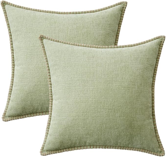 MIULEE Pack of 2 Couch Throw Pillow Covers 18x18 Inch Light Green Farmhouse Decorative Pillow Covers with Stitched Edge Soft Chenille Solid Dyed Spring Pillow Covers for Sofa Bed Living Room