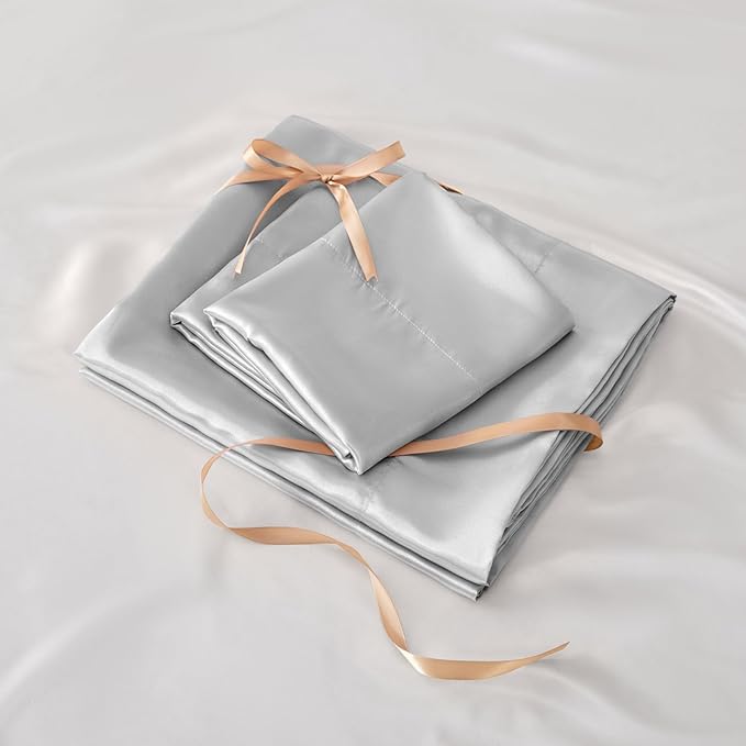 BEDELITE California King Sheets Set, Luxury Soft Grey Satin Sheets for Hair and Skin, Similar to Silk Bed Sheets Set 4 Pieces with 1 Deep Pocket Fitted Sheet, 1 Flat Sheet, and 2 Pillowcases