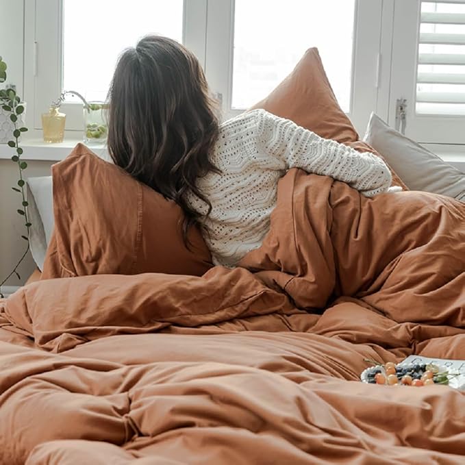 LifeTB Jersey Knit Duvet Cover Terracotta Burnt Orange Duvet Cover Set King Comfy 100% T-Shirt Cotton Caramel Bedding Set Pumpkin Rust Color Comforter Cover Boho Farmhouse Terracotta Duvet Cover King