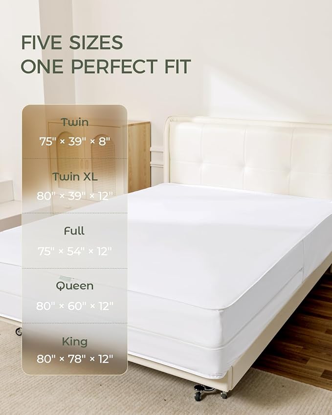 FAUNNA 100% Cotton Mattress Encasement, Bed Bug and Dust Mite Proof Mattress Protector Hypoallergenic & Antibacterial Protection, Noiseless Zippered Six-Sided Mattress Cover (Full 12" Deep)