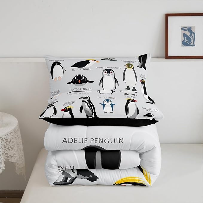 Erosebridal Penguin Comforter Set King Size,Black White Penguins Bedding Set Cute Animal Down Comforter for Kids Boys Girls Teens,Wildlife Grey Bedding Quilted Sets with 2 Pillow Cases Bedroom Decor
