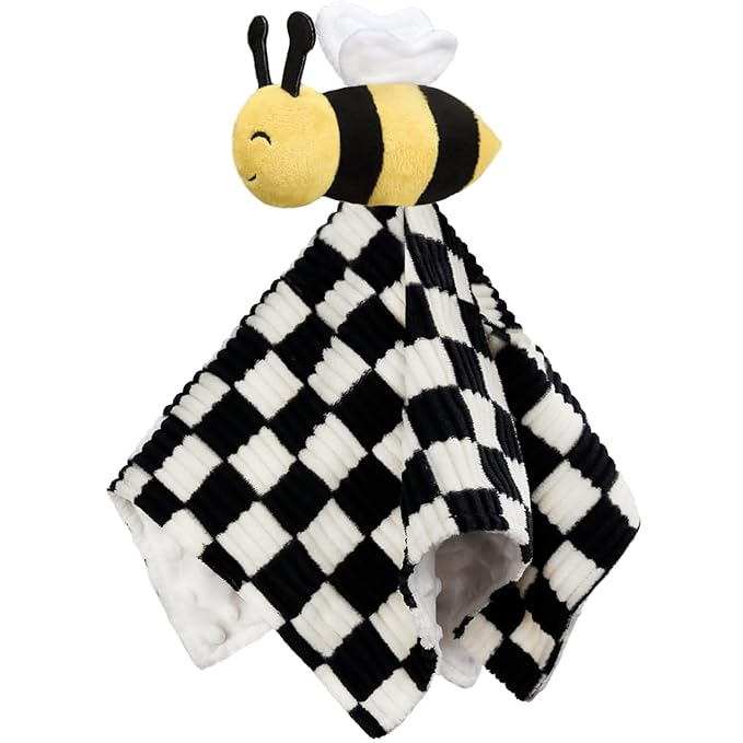 Baby Lovey Blanket for Boys Girls Super Soft Checkerboard Gingham with Minky Dot Fabric Backing Bee Stuffed Animal Lovely Snuggle Toy Black 14 Inch
