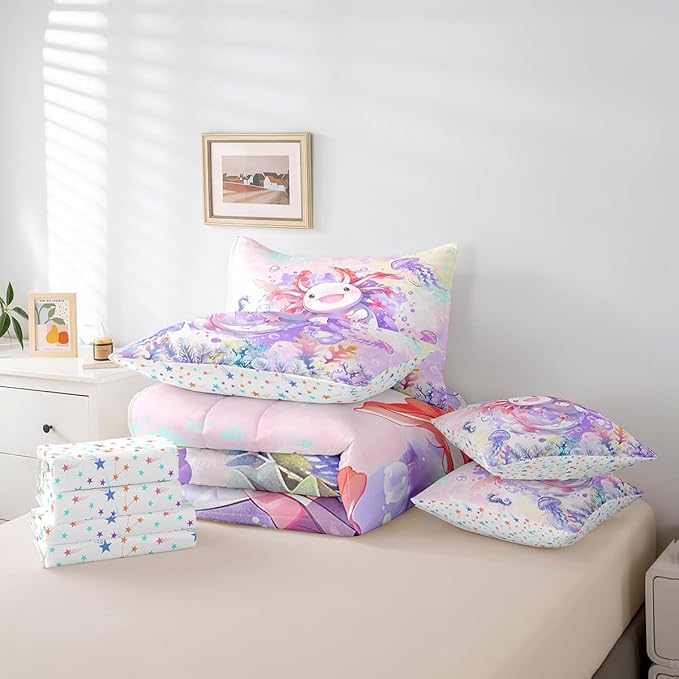 Feelyou Boys Girls Cute Axolotl 7 Pieces Bedding Sets King Size, Ocean Sealife Bed in A Bag for Cartoon Salamander Comforter Set with Sheets Kids Kawaii Teens Bed Set