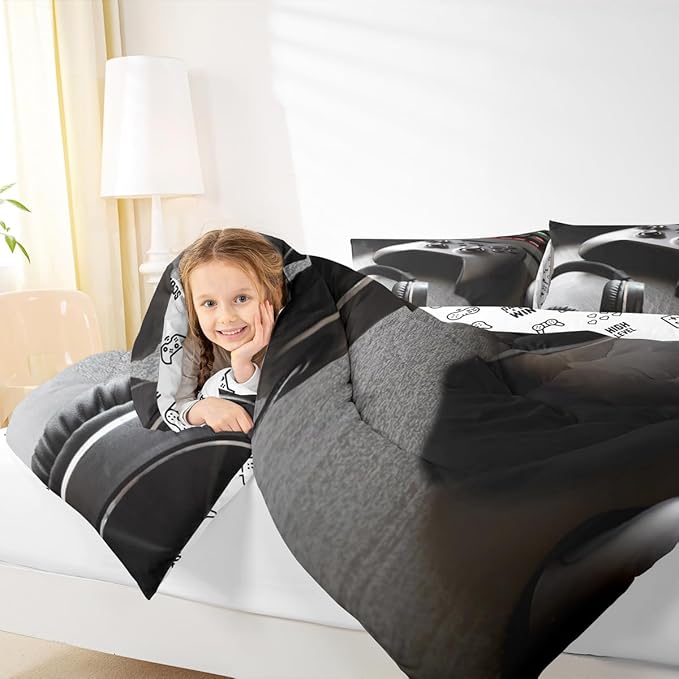 Feelyou Gaming Bedding Set Boys Game Controller Comforter for Kids Girls Teens Modern Gamer Headset Comforter Set Youth Gaming Console Video Game Decor Duvet Set with 2 Pillow Case Queen Size Black