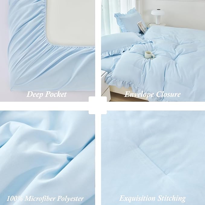 ANGIYUIN Light Blue Ruffle Girls Comforter Set Twin Size 5 Pieces Ruffled Farmhouse Bed in A Bag Solid Boho Bedding Comforter Sets Soft Fluffy Bed Sets for Kids Girl(Light Blue Twin)