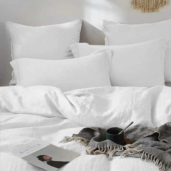 Simple&Opulence 100% French Linen Euro Shams with Embroidery (26'' x 26'') - Pack of 2 - Pre Washed Solid Color Natural Flax Soft Breathable - White