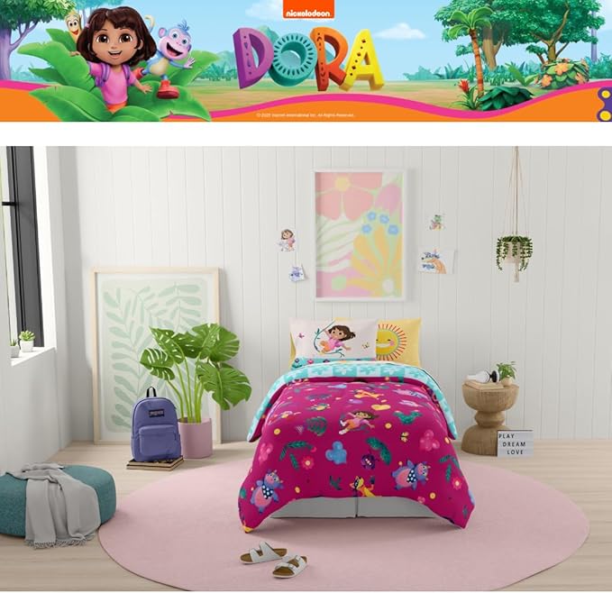 Dora The Explorer Kids Bedding Set Super Soft & Cozy Reversible Microfiber Comforter and Sheet Set with Sham, 5 Piece Twin Size, (Officially Licensed Product) by Franco