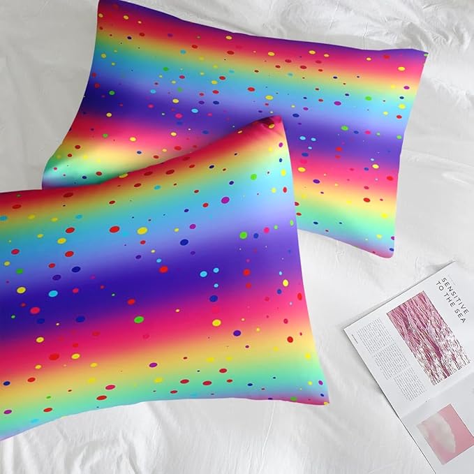 Comforter Set Full Size, Cute Rainbow Polka Dot 7 Pcs Bedding for Kids and Adults, Colorful Glitter Bed Sheet Sets with Fitted Sheet 2 Pillowcases & 2 Shams for Bedroom Bed Decor