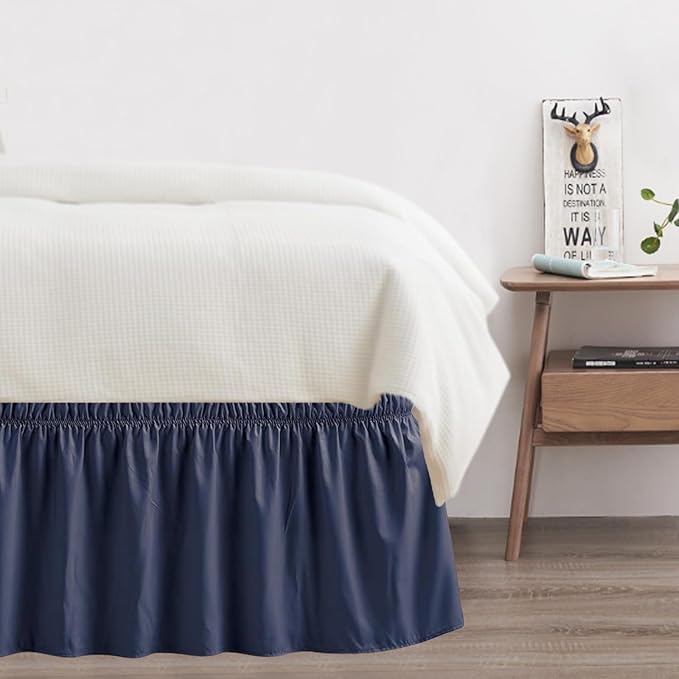 King Bed Skirt, Elastic Wrap Around Bed Skirt King Size, Bed Skirts for Adjustable Bed, Easy Fit with 14" Drop Length Tailored Drop Dust Ruffle (Navy)