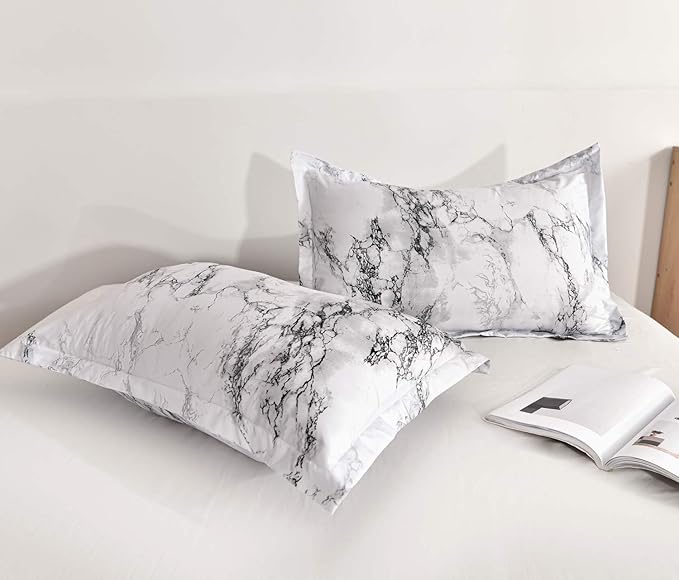 Nanko King Bedding Duvet Cover Set White and Black Marble Printed 3 Piece - 1000 -TC Luxury Microfiber Down Comforter Quilt Covers with Zipper Closure, Ties - Organic Modern Style for Men and Women