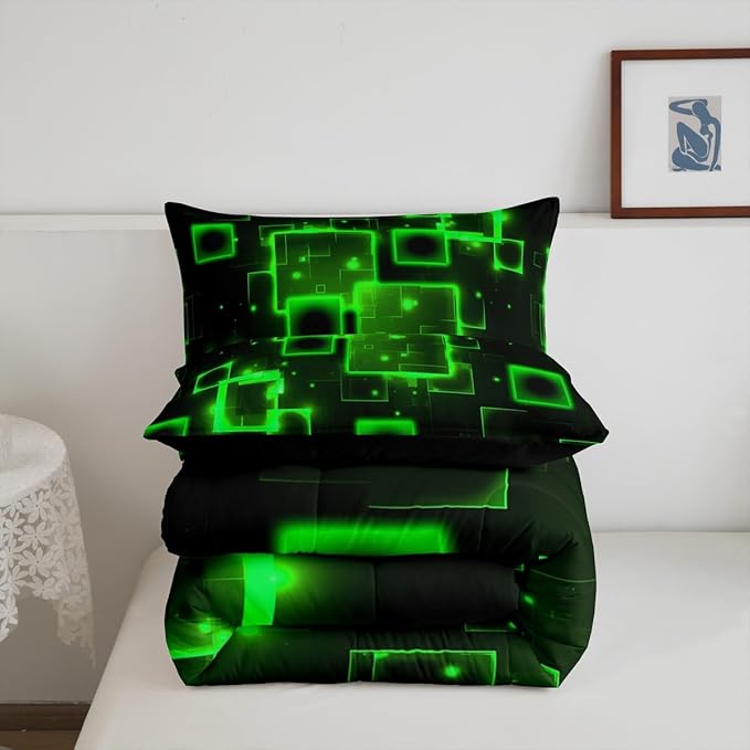 Feelyou Geometric Green Black Comforter Set King Size, Kids Light Honeycomb Bedding Set Geometrics Comforter Abstract Duvet Insert Bed Set 3Pcs