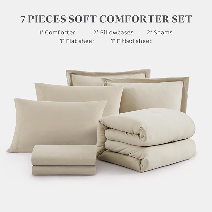 WRENSONGE California King Size Comforter Sets- 7 Pieces Soft Light Oatmeal Bed in a Bag with Fitted Sheet, Flat Sheet, 2 Pillow Shams, 2 Pillowcases, Warm Bedding Sets for All Season