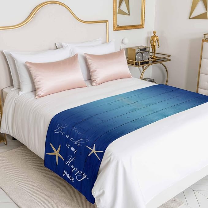 Happy Beach Place Marine Starfish Bed Runners for Bedroom Hotel,Decorative Bedding Scarf Gradient Blue Wood Grain Bed End Blanket Bedding Runner Scarves for Twin Size Bed,71x20in