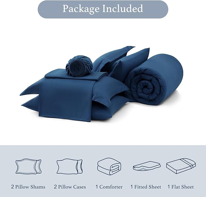 Monbix Queen Comforter Set - 7 Pieces Serenity Blue Bed in a Bag, Queen Size Bedding Sets with Comforters, All Seasons Comforter with Sheets,Pillowcases & Shams