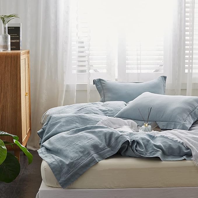Simple&Opulence 100% Washed Linen Duvet Cover with Embroidered,3 Pieces Soft Farmhouse Comforter Set with Button Closure,1 Duvet Cover and 2 Pillowshams(Queen,Dusty Blue)