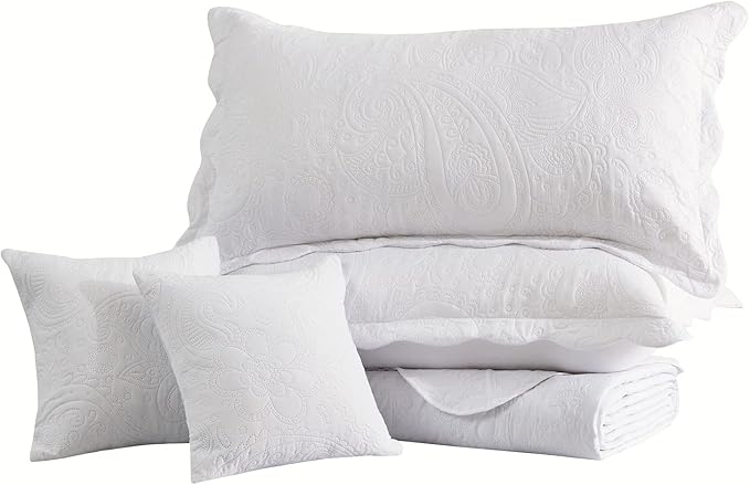 Oversized King Bedspread 138x122 Extra Wide, Ultrasonic Lightweight Bedding Cover, Paisley Pattern, Reversible, 5 Piece, 100% Microfiber, California/Alaskan King, Pure White