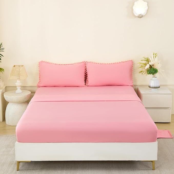 PERFEMET Full Size Bed in A Bag Coral Pink 5 Pieces Pom Pom Comforter Set with Sheets for Girls Kids Teens Soft All Season Fluffy Boho Bedding Set for Bedroom(Coral Pink, Full)