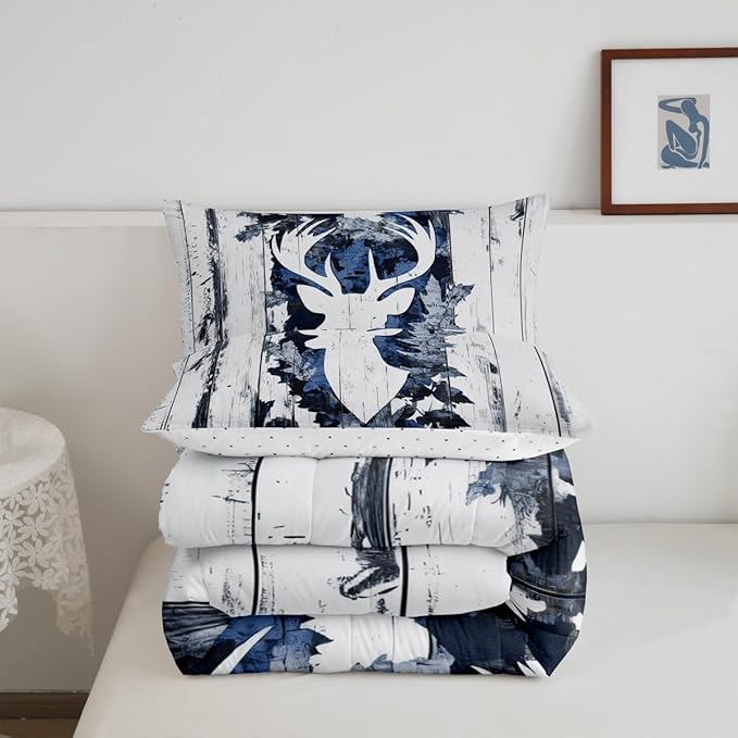 Feelyou Camo Deer Bedding Set Full Size, Deer Hunting Comforter for Kids Boys Girls Deer Antlers Army Camouflage Comforter Set Western Duvet Insert Microfiber Bed Set