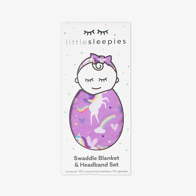 Little Sleepies Swaddle & Headband Bow Set, Viscose from Bamboo Baby Swaddles, Newborn Baby Girl Clothes (Luxe Sienna's Unicorns)