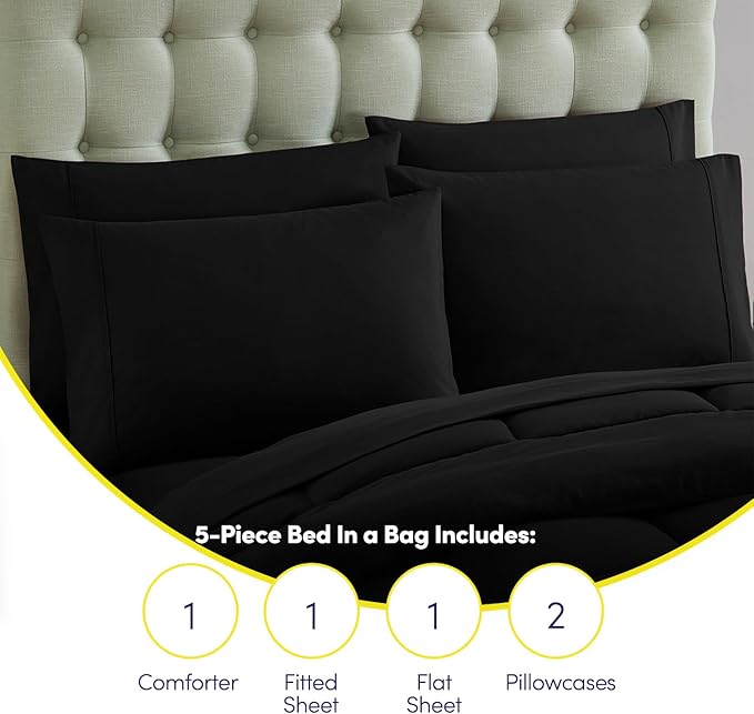 Sweet Home Collection 5 Piece Comforter Set Bag Solid Color All Season Soft Down Alternative Blanket & Luxurious Microfiber Bed Sheets, Black, Twin XL