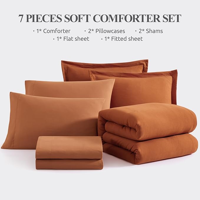 WRENSONGE Queen Comforter Set- 7 Pieces Soft Burnt Orange Bed in a Bag with Fitted Sheet, Flat Sheet, 2 Shams, and 2 Pillowcases-Warm Bed Sets Fall Comforter for All Seasons