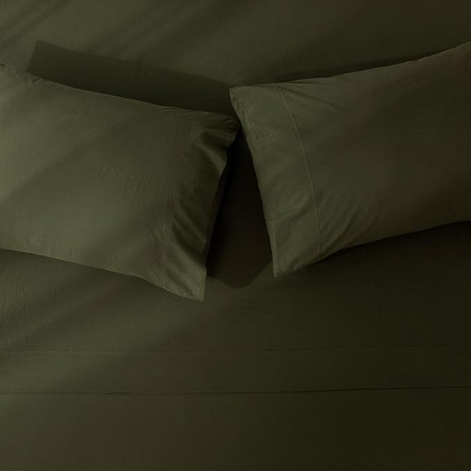 JIYUAN 100% Washed Cotton Sheet Set 3 Pieces Twin,1 Fitted Sheet,1 Flat Sheet and 1 Pillowcase, Comfy and Breathable Linen Like Bedding Set,Olive Green