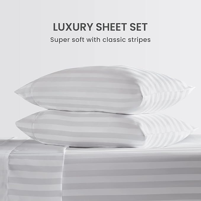 SLEEP ZONE Striped Cooling Twin Sheets Set for Kids - Fitted Flat Sheet & Pillowcase Sets 3 Piece - Super Soft Stripe Bed Sheet, Easy Care, Deep Pocket (White, Twin)